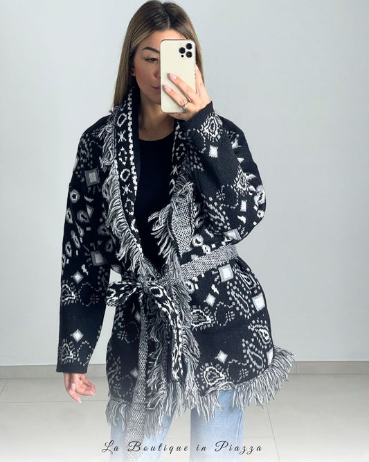 Cardigan jacquard con frange